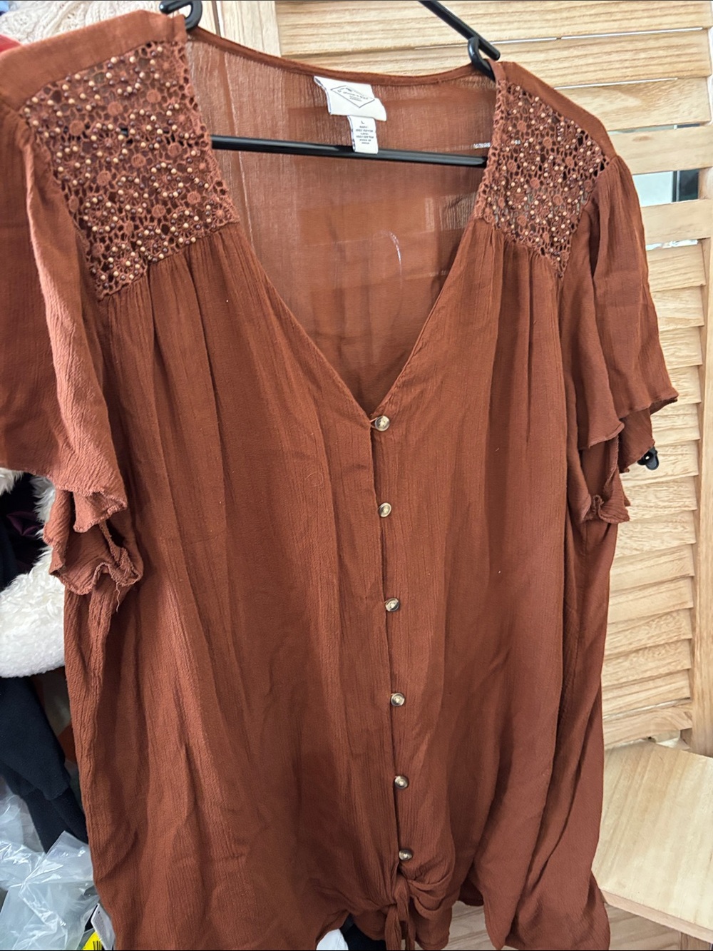 St. John's Bay Rust Brown Button-Front Boho Top with Embellished Shoulders LARGE